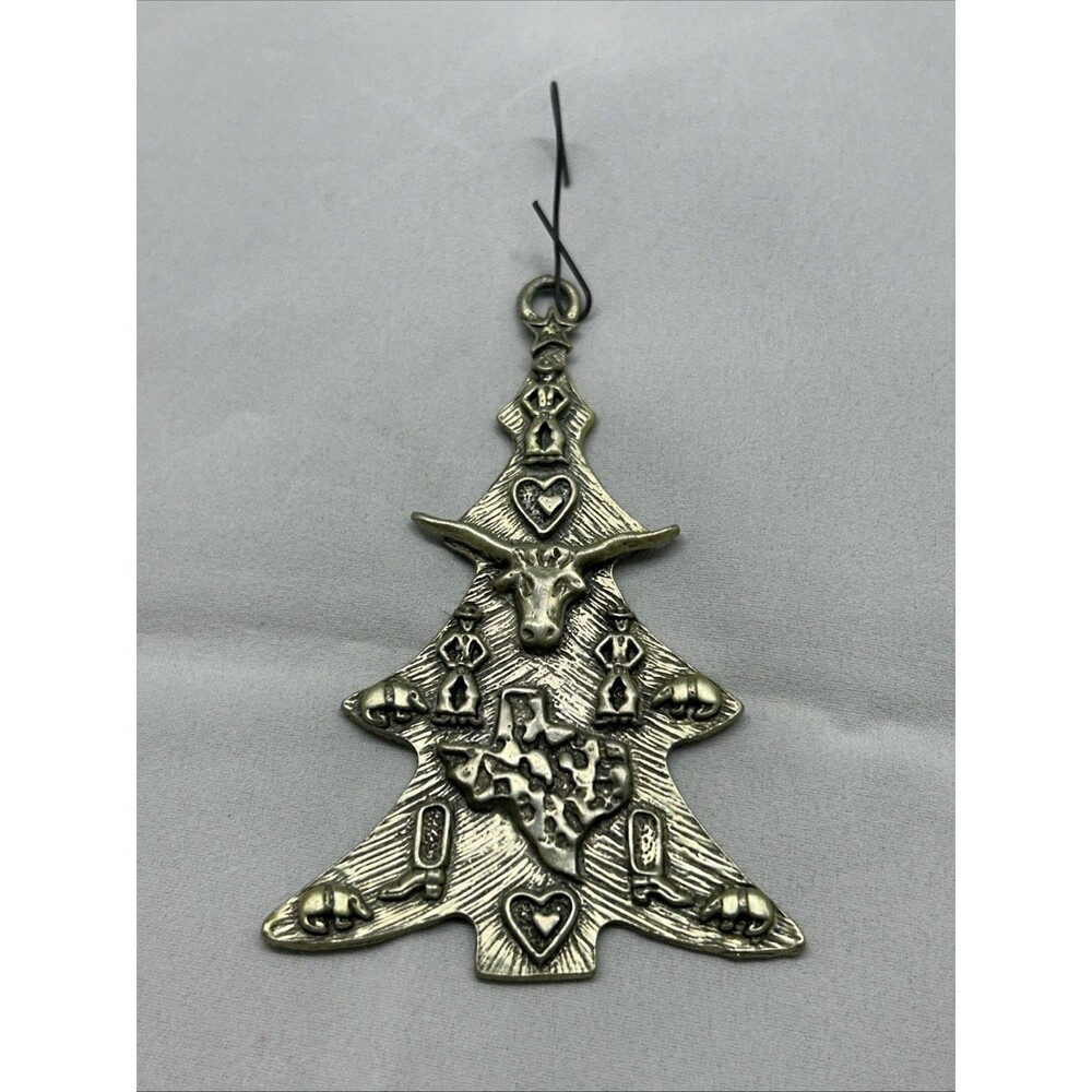 Marcie 1987 Texas Themed Longhorn Cowboys Pewter Christmas Tree Ornament
